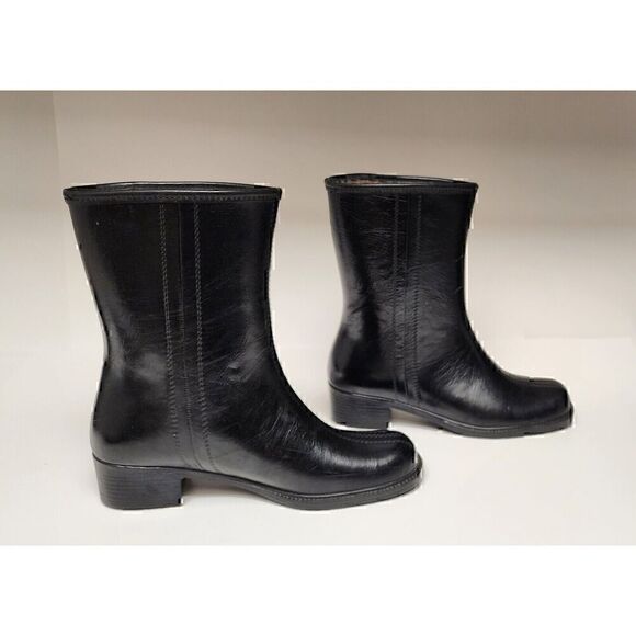 Womens Mid Calf Glossy Black Pull On Waterproof Rain Boots Size US 6 - Picture 1 of 11